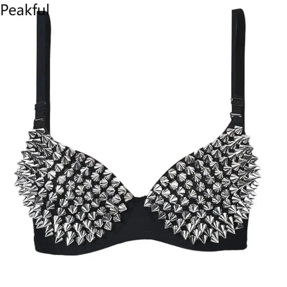 Sexy Studded Nylon Crop Bra Top, Wireless Festival Top with Steampunk Spike Details & Full Coverage, Versatile Stage & Party Wear, Great for Travel & Camping Essentials.