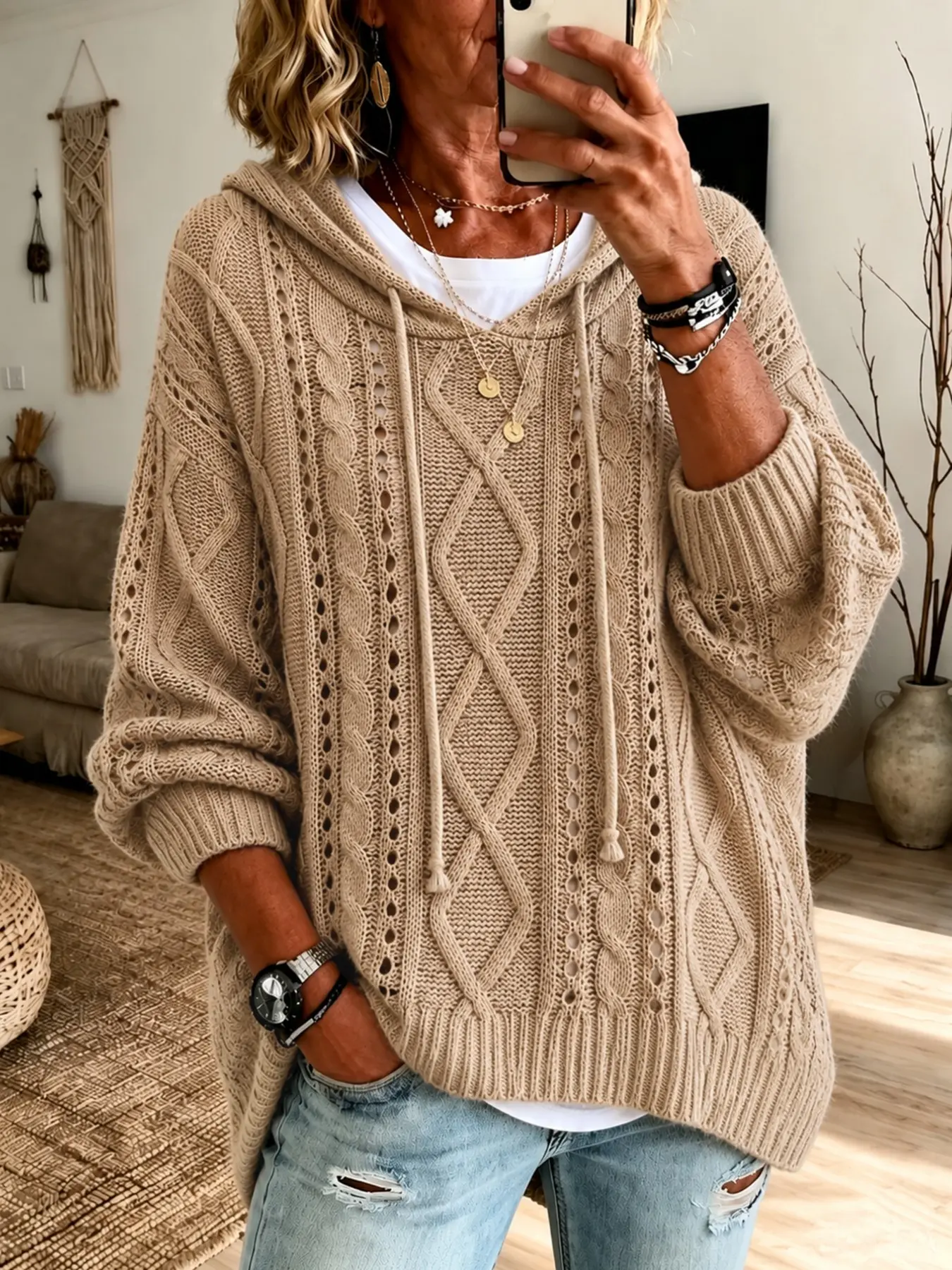 Large Size Fall Winter Solid Color Boho Knit Drawstring Hoodie, Loose-Fitting Unlined Knitwear Sweater for Women, Stylish Bohemian Fashion