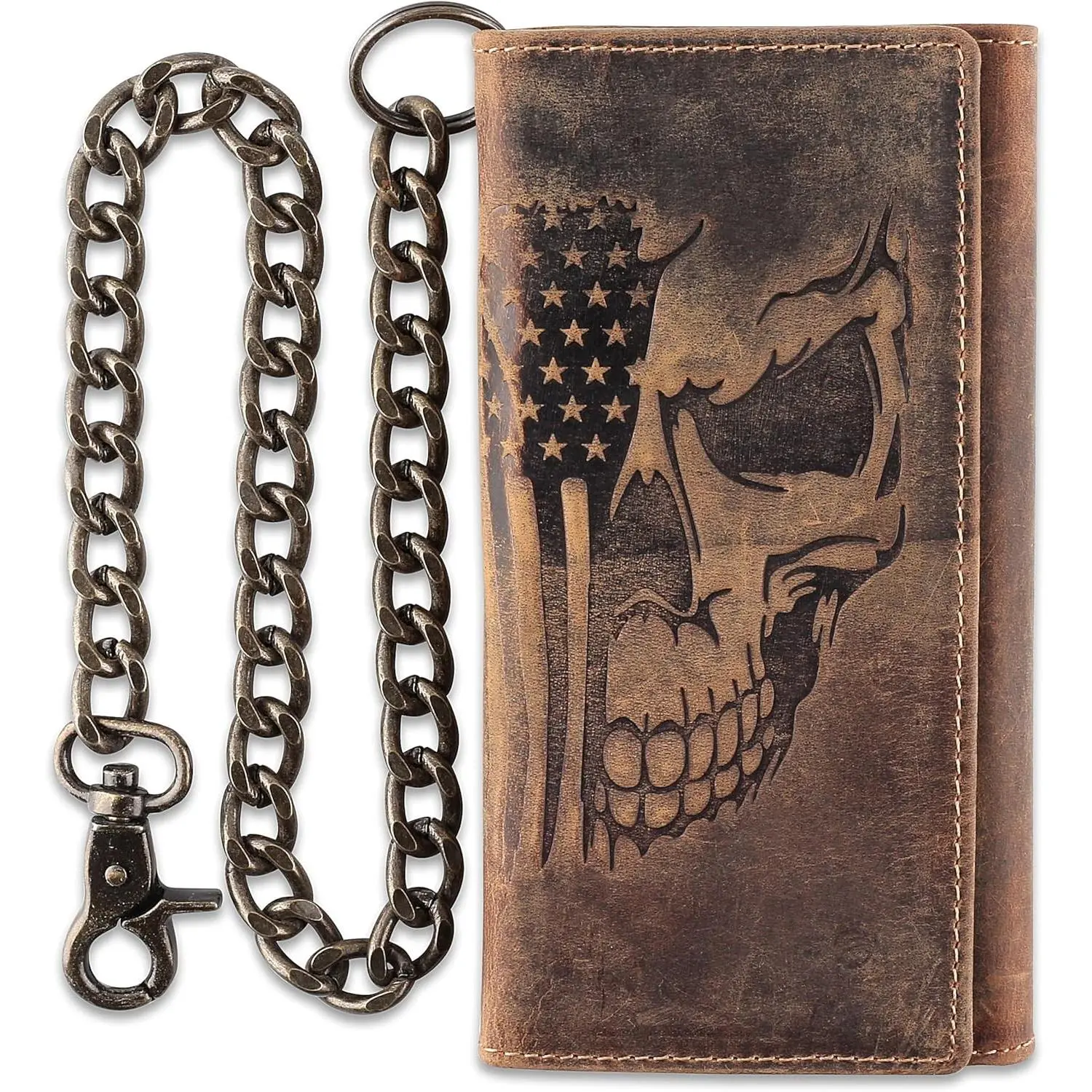 RFID Blocking Mens Tri-fold Long Style Cowhide Leather Steel Chain Wallet,brown flag/skull,212-103(Gift)