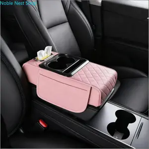 Pink 4-in-1 Car Center Console Armrest Cushion, Memory Foam Leather Armrest Cover Pillow with Tissue, Cup & Phone Holders, Multi-Functional Storage Organizer for Car Interior Daily Driving