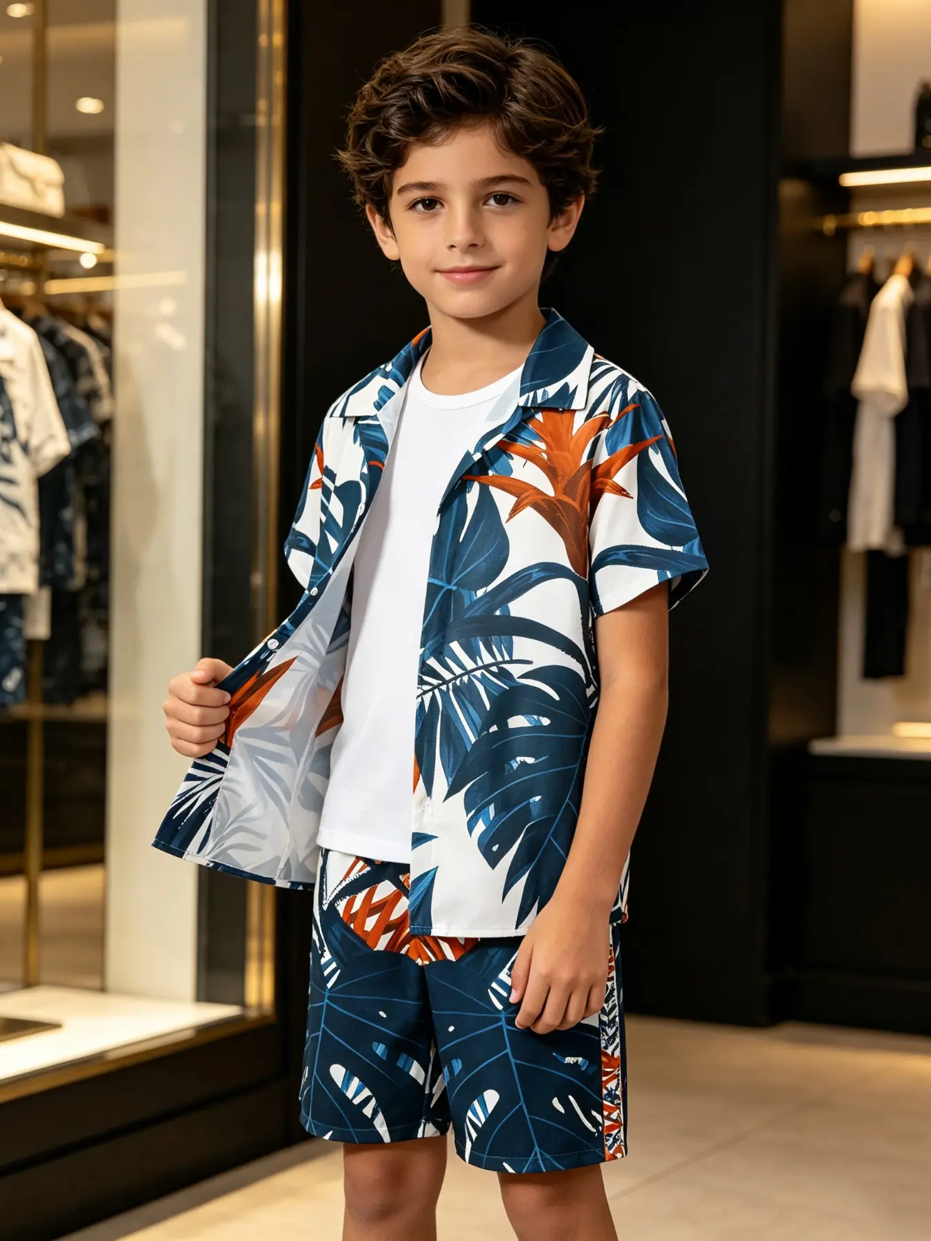 Boys' Blue Tropical Turtle Leaf Short Sleeve Shirt and Shorts Set, Beach Vacation, Pool Play, Water Park, Family Trip, Summer Outing