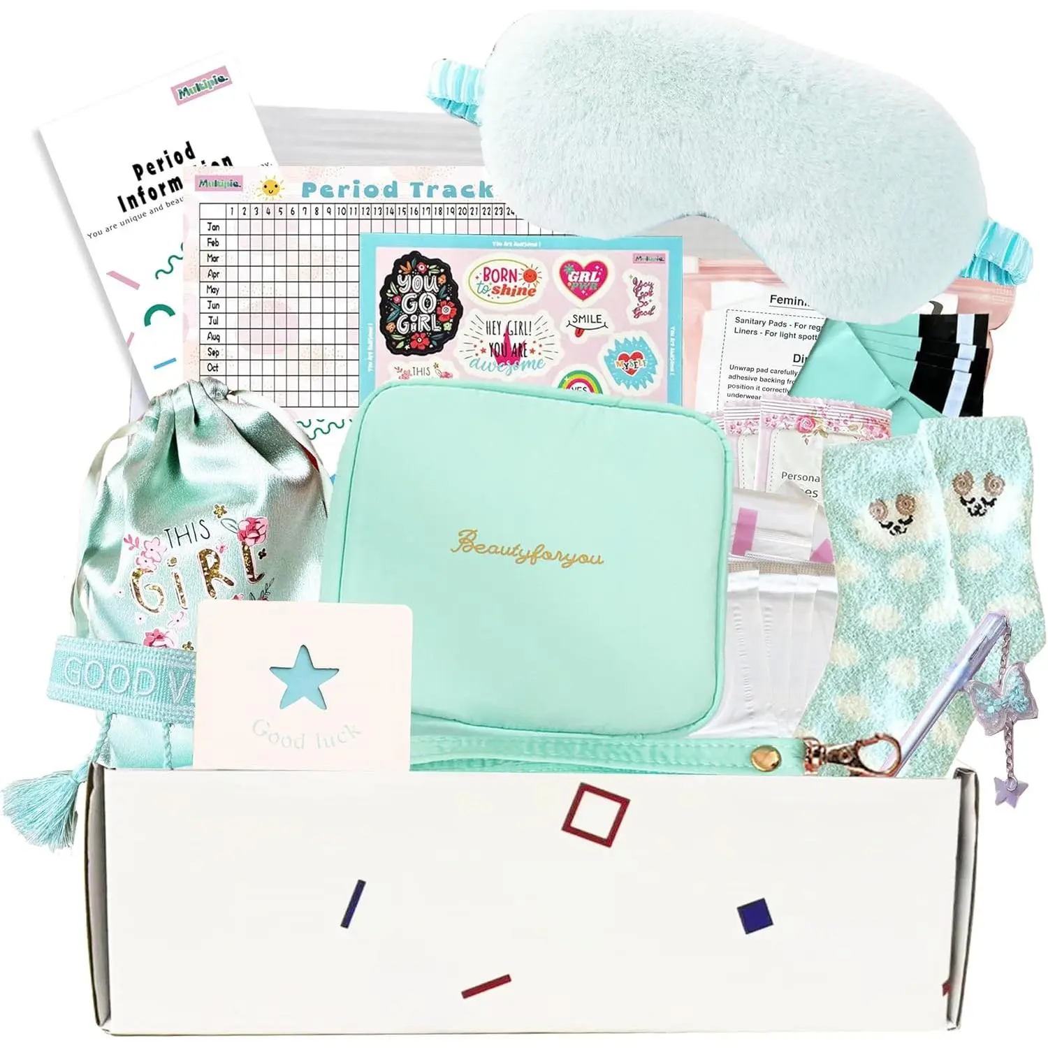 First Period kit for Girls| 23 PC Period Packs for Young Girls First Time| First Period Gift for Teen Girls with Sanitary Pad Storage Bag, Wipes, Bracelet, Eye Mask, Socks and More(Mint)