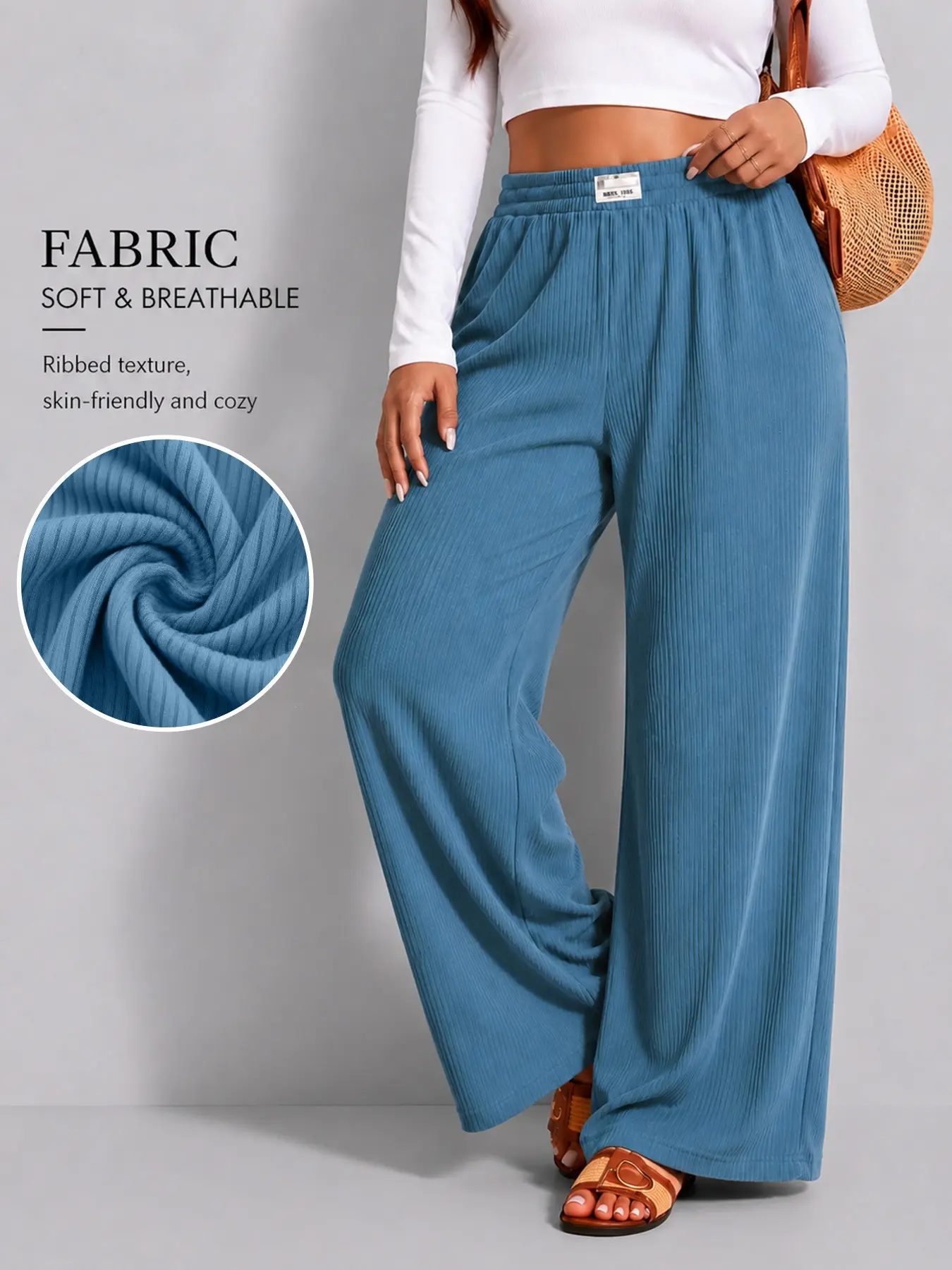 Plus Size Women's Vertical Ribbed Knit Wide Leg Pants, Casual Fashion Bottoms, Elastic High Waist Loose Fit, Ideal for Home and Walking
