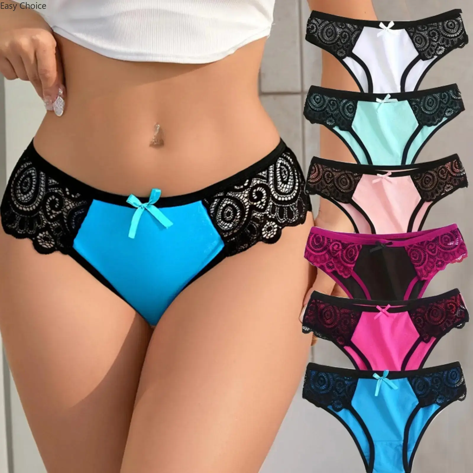 6Pcs Lace Bikini Panties for Women Sexy Contrast Color Underwear Cheeky Bow Multipack Breathable Soft Briefs for Daily Lounge Honeymoon Romantic Night,back to school,back to school haul