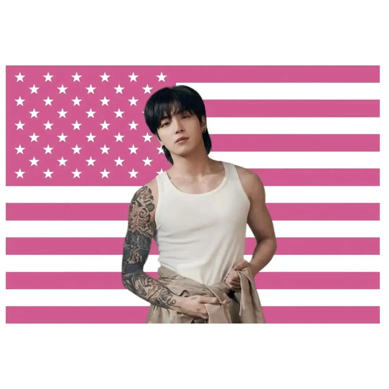 Jungkook Pink American Flag Stripes Kpop Idol Polyester Tapestry - 3x5 ft Hanging Banner, Party Decor Wall Hangings for College Dorm Bedroom Man Cave Home Decor