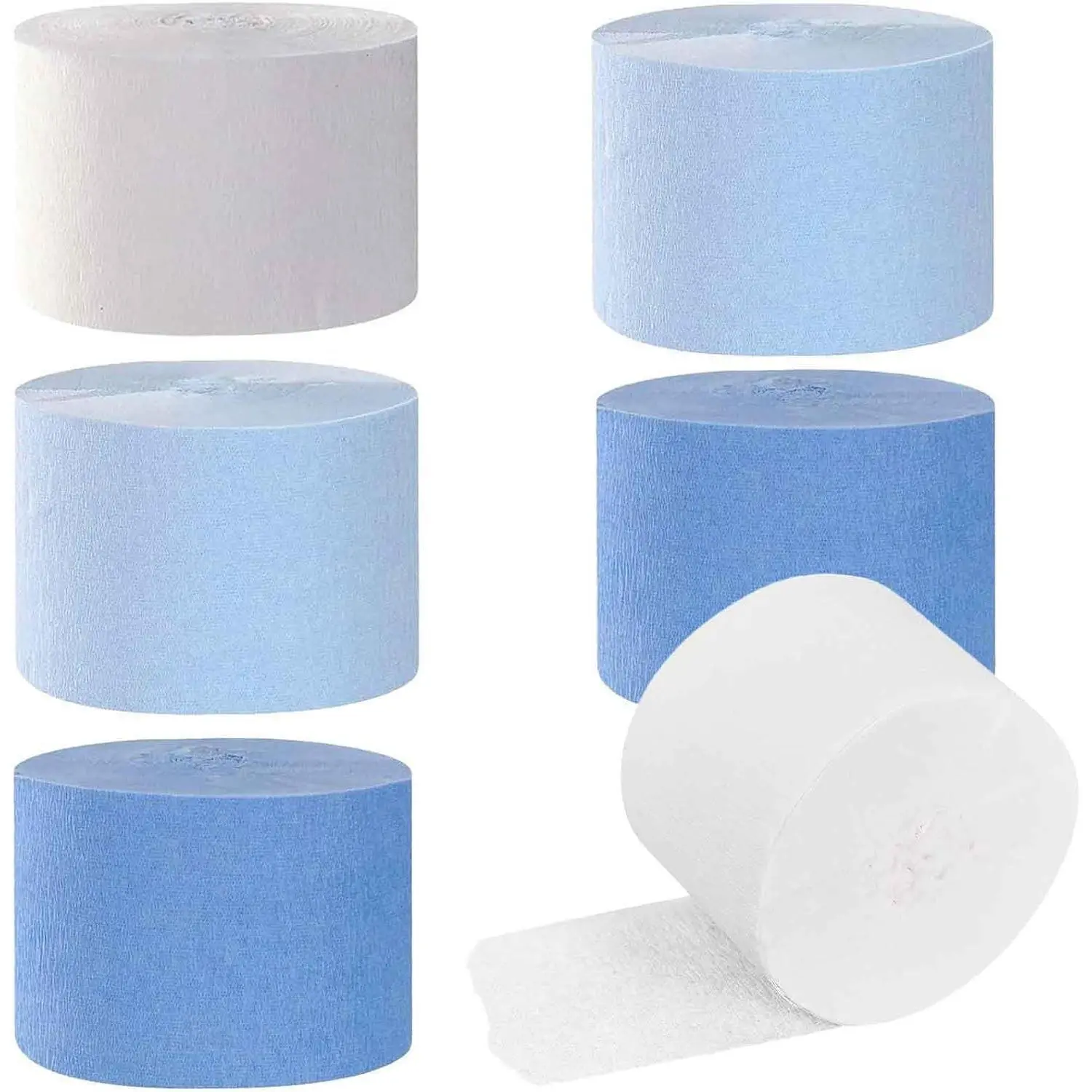 Dusty Blue Light Blue White Crepe Paper Streamers - 1.8 Inch Widening 6 Rolls, 82 Feet per Roll for Birthday, Baby Shower, Wedding Party Decorations