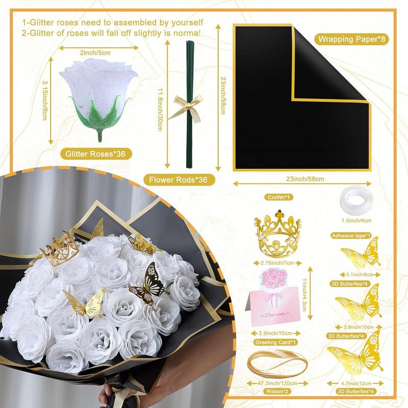 DIY Glitter Roses Bouquet White - 36 Pack Shiny Bouquet with Stems Butterfly Crown Eternal Floral for Halloween Elegance Wedding Bouquets Anniversary Birthday Party Gifts DIY Glitter Roses Bouquet White - 36 Pack Shiny Bouquet with Stems Butterfly Crown Eternal Floral for Halloween Elegance Wedding Bouquets Anniversary Birthday Party Gifts