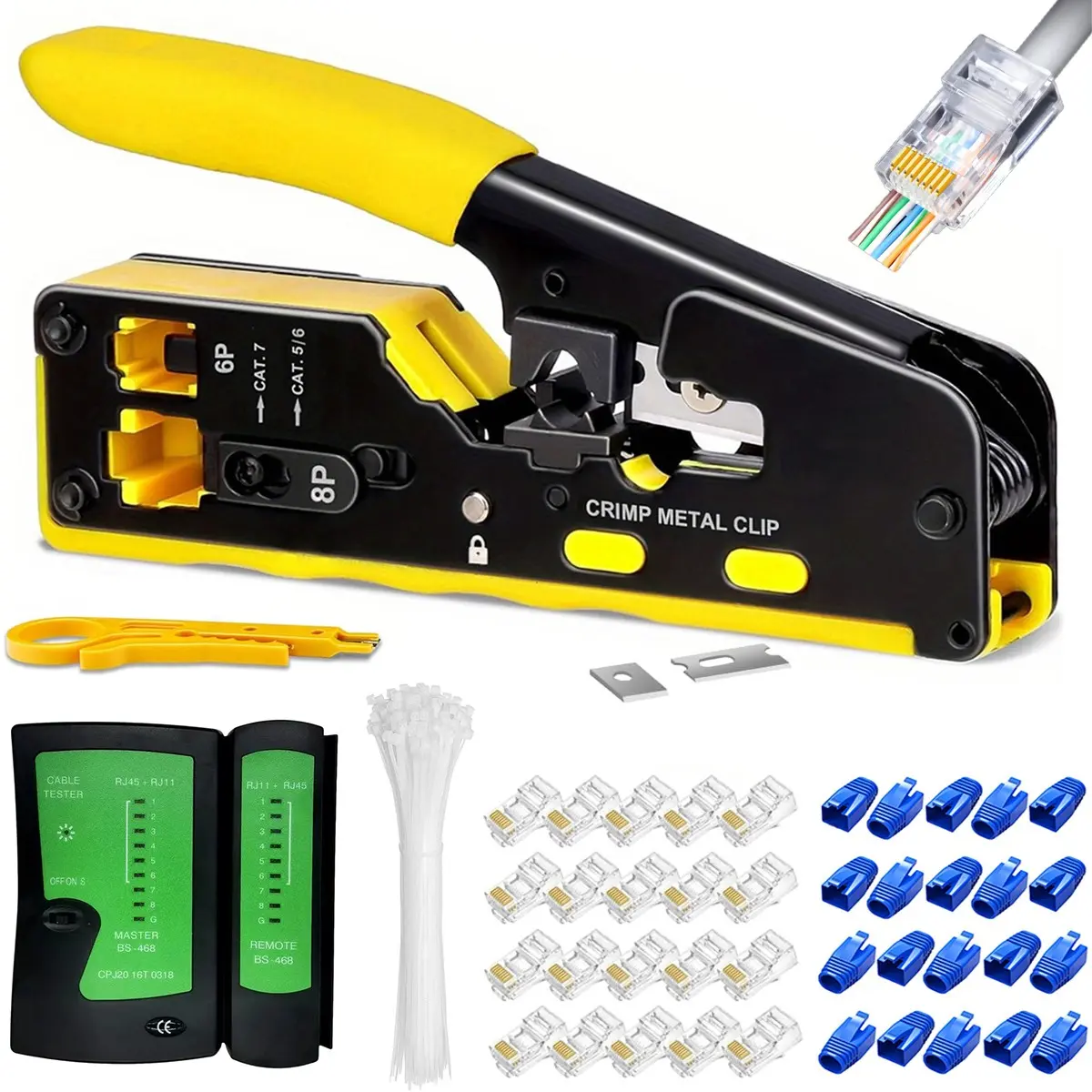 RJ45 Crimp Tool Kit Set All-in-One Ethernet Crimper Cat7 Cat6 Cat5 Crimping Tool with Installation Network Cable Tester, 20pcs Cat5 RJ45 Pass Through Connector, 20pcs Connector Boots, Connector Covers for Home, Network Connect Wire Strippers, Toolkit
