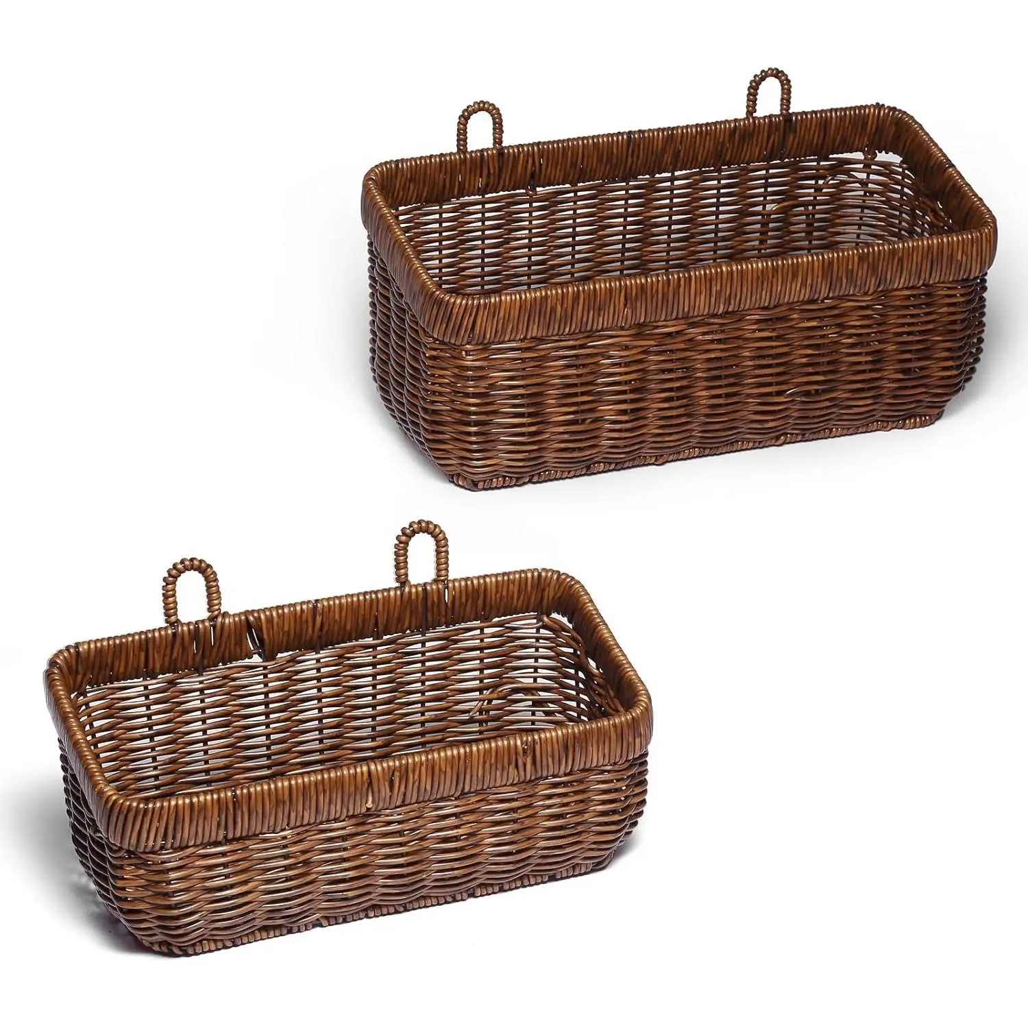 2-Pack Hangable Brown Wicker Hanging Wall Baskets - Durable Woven Texture Home Organiser, Boho Decor for Kitchen Garlic, Ginger, Eggs, Onions, Fruits Storage, Set Of 2