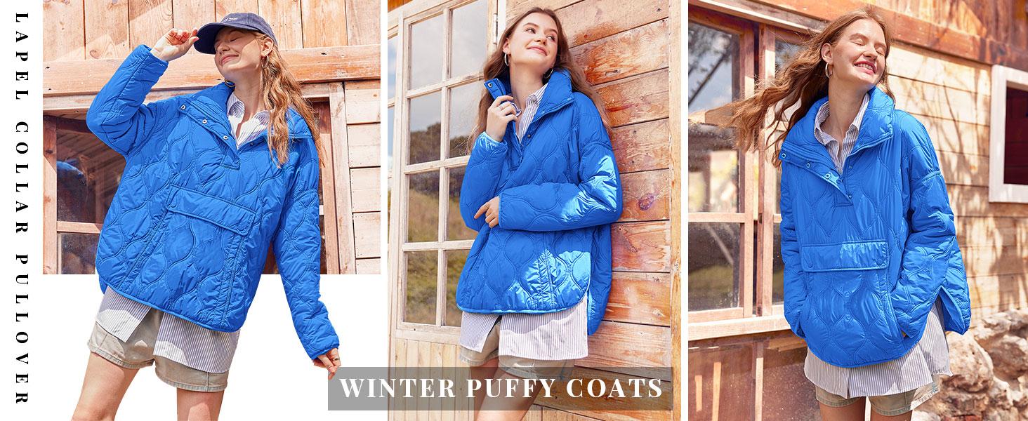 FMEYOA Womens Puffer Jackets Pullover Quilted Lightweight Jacket Long Sleeve Half Zip Up Coat with Pocket S-2XL