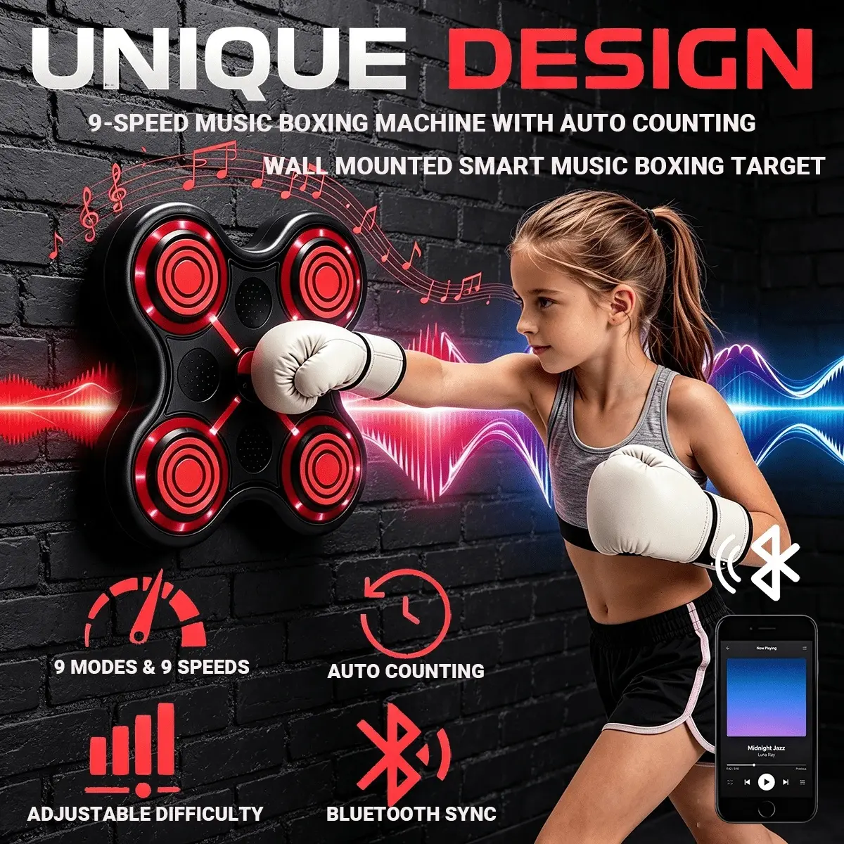 Music Boxing Machine For Adults And Kids, Smart Bluetooth Boxing Training Equipment With Gloves Wall Mounted, 9 Modes & 9 Speeds,  Workout Punching Machine For Home,Office And Gym