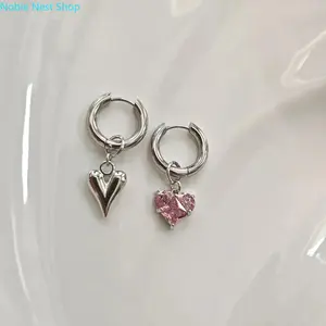 Women's Blush Pink Artificial Zircon Heart Earrings, French Dainty 2-Way Convertible Stud & Drop Jewelry, Lightweight Sparkly Iron Costume Earrings for Date Nights & Wedding Occasions