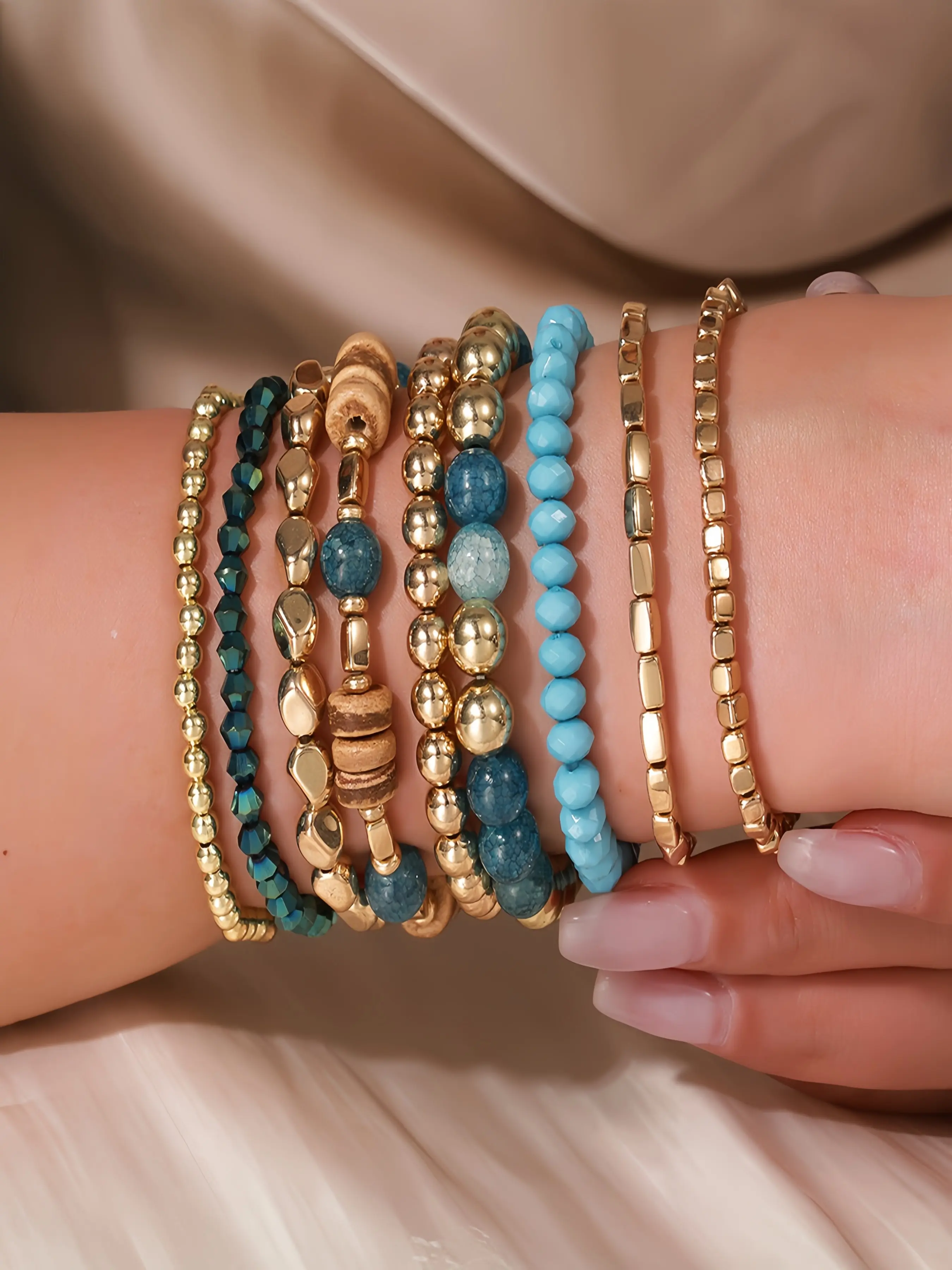 9-Piece Bohemian Beaded Bracelets Set, Unisex Stackable Wooden Resin Jewelry, Handmade Elastic Multilayer Bracelets, Beach Fashion Gift