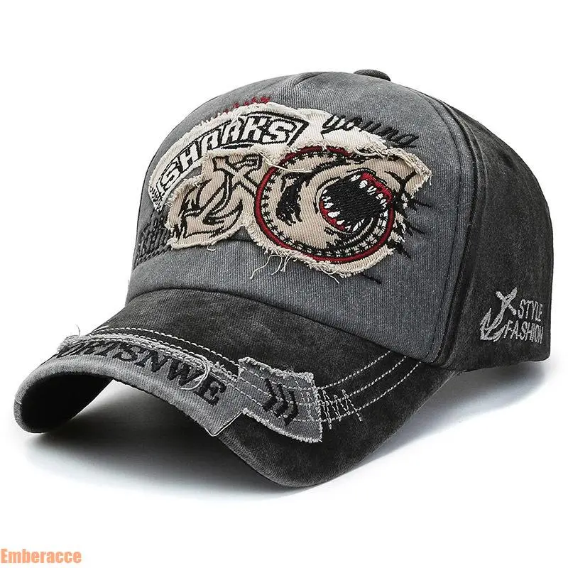 Vintage Washed Baseball Cap with Shark Embroidery, Adjustable Cotton Dad Hat for Men and Women, Casual Streetwear Style Outdoor Hat, Lightweight Breathable Sun Hat for Beach, Fishing, Travel, Hiking and Everyday Wear