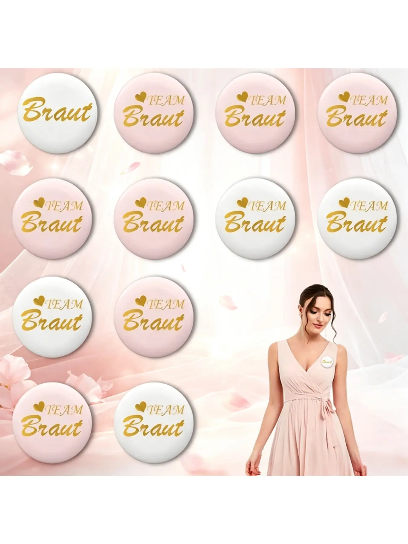 Tin badges for brides-to-be, Team Bride brooches for bachelorette parties, and metal pin buttons for bachelor parties, suitable for bridesmaids, bridal shower favors and photo props