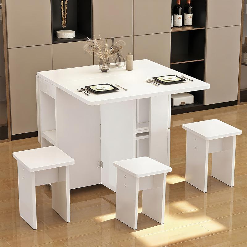 Folding Drop Leaf Dining Table Set for 4 with 4 Chairs, Space Saving Foldable Dining Table with Storage and 6 Wheels, 47.2 inch D x 23.6 inch W x 30.3 inch H, White Folding Drop Leaf Dining Table Set for 4 with 4 Chairs, Space Saving Foldable Dining Table with Storage and 6 Wheels, 47.2 inch D x 23.6 inch W x 30.3 inch H, White