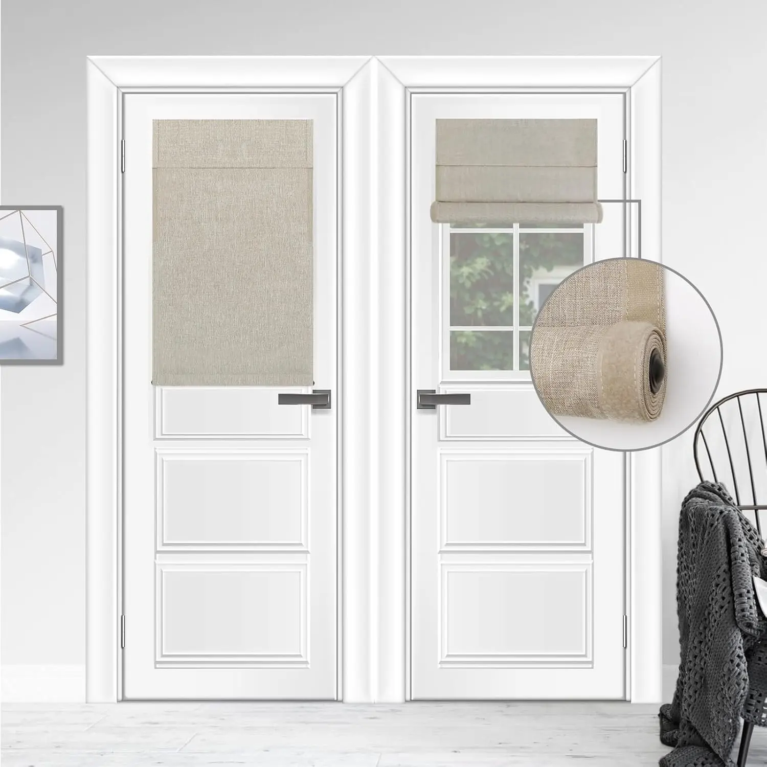 No Drill 100% Blackout French Door Roller Shade, 1 Pack 24"x38" Hemp Gray, Side Hook & Loop for Partial Shading, Full Privacy Drill-Free Mount Blackout Fabric