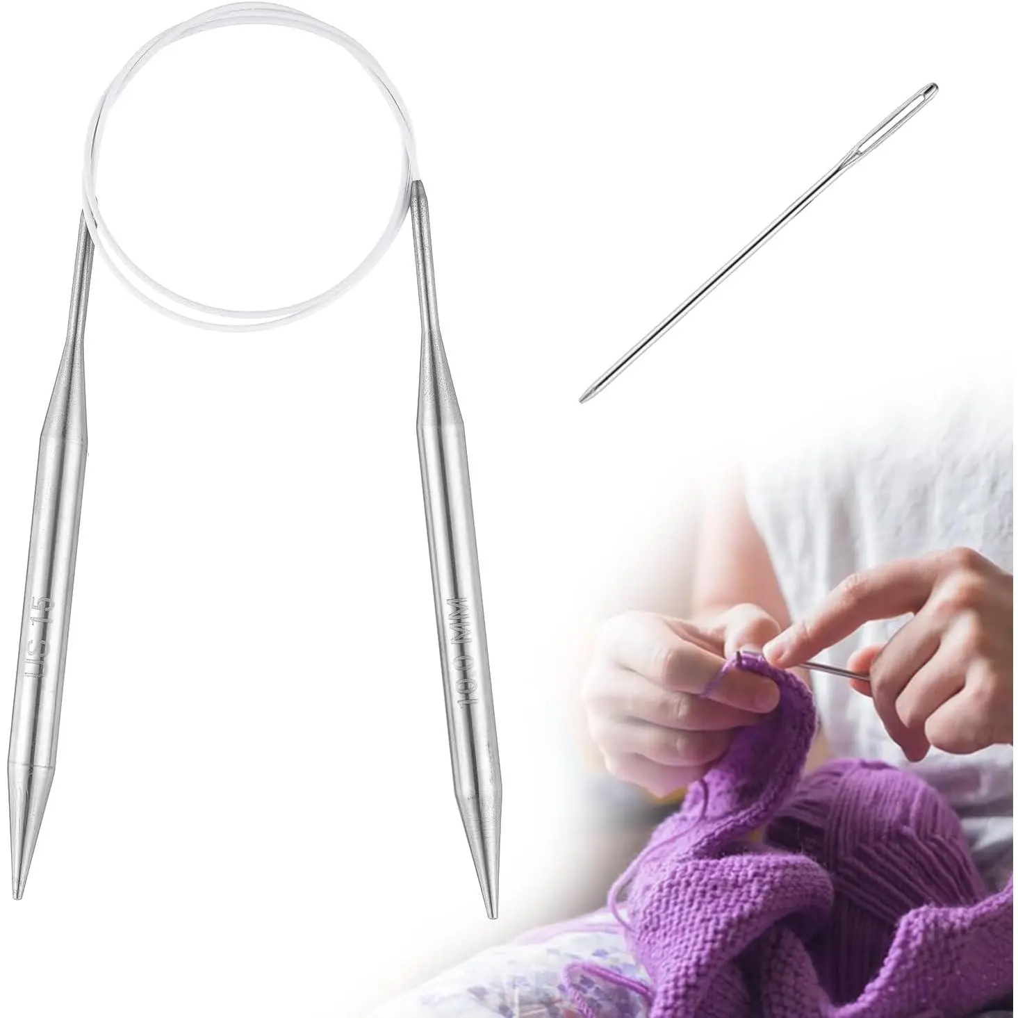 Knitting  Circular 32 inch (80cm) Stainless Steel Knitting  Size  15 (10mm) Bundle with 1 Sturdy  Holder