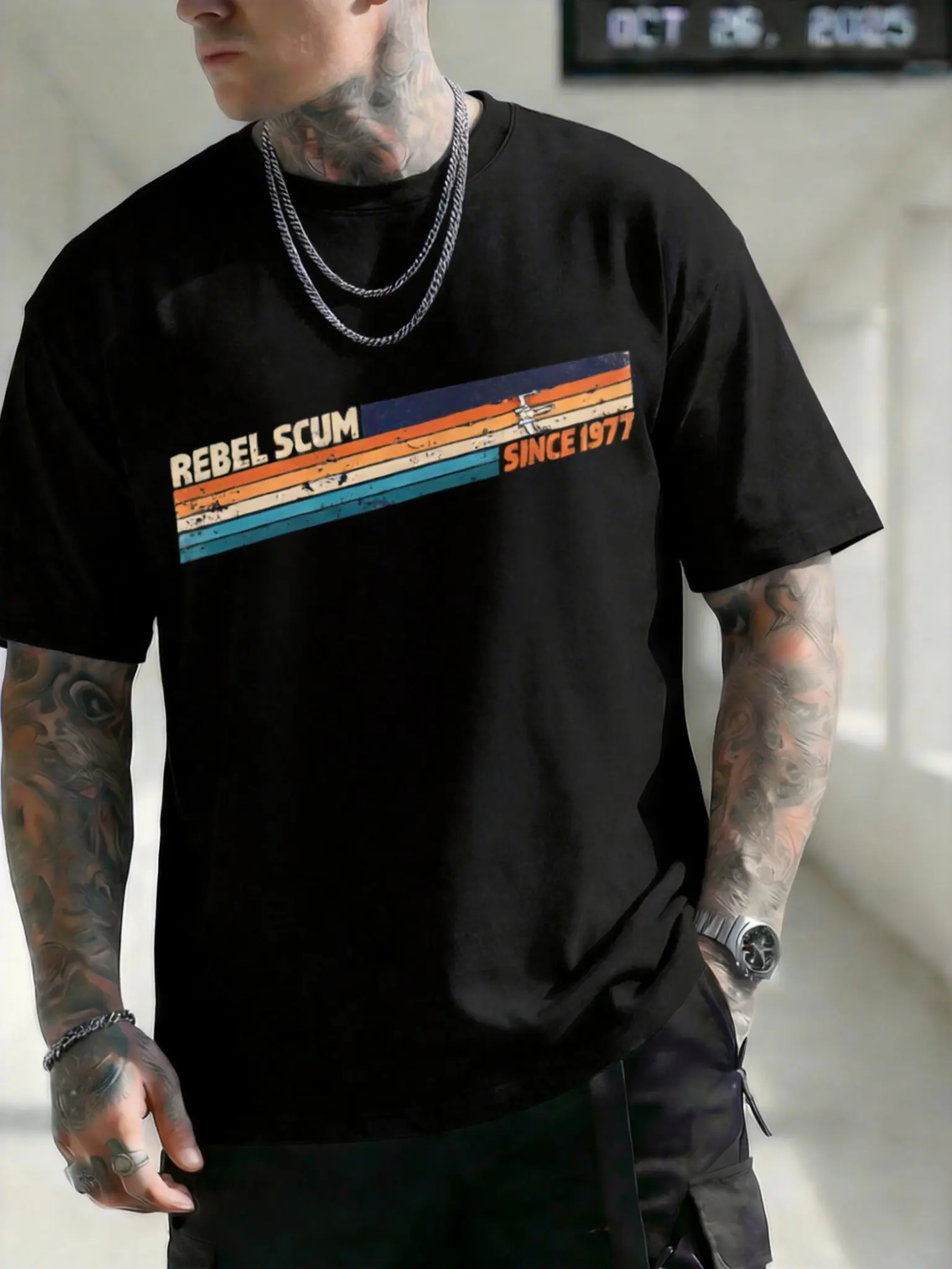 Men's Retro "Rebel Scum Since 1977" Graphic Tshirt, Breathable Comfort Cotton Shortsleeve Casual Fabric Top, Vintage Space-Inspired Sci-Fi Fan Distressed Classic Movie Tee (Fits Women Too)