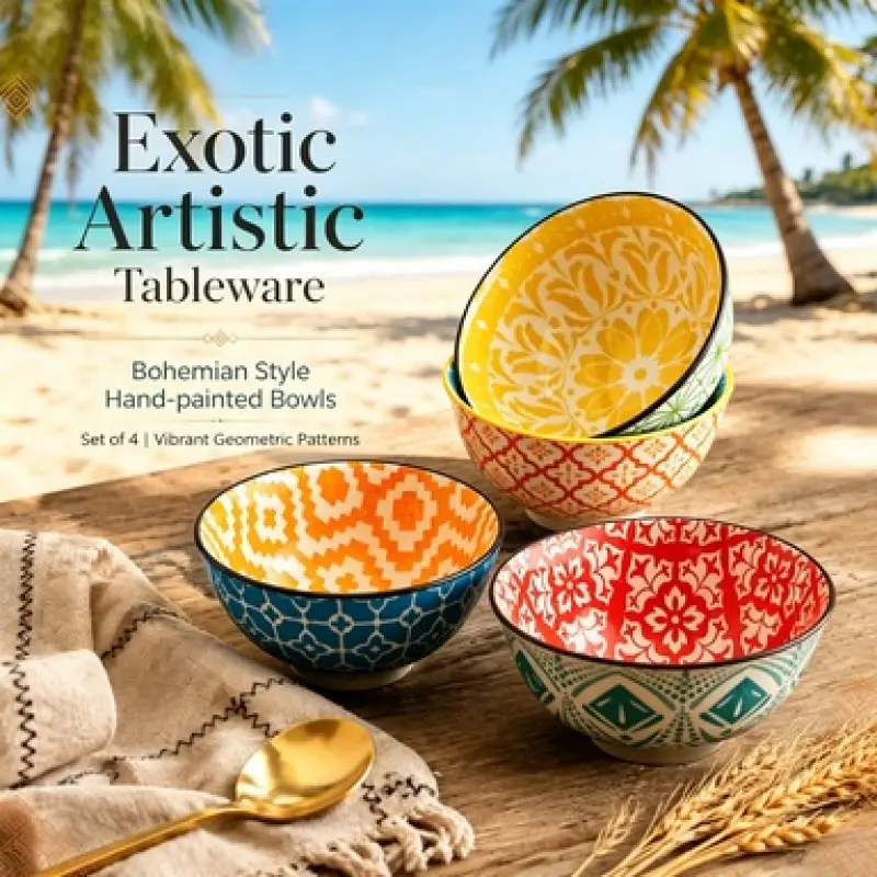 Vibrant Boho Hand-Painted Ceramic Bowl Set of 4, Exotic Geometric Design Dinner Bowls, Safe Oven Microwave Tableware, Ideal Kitchen Gift for Housewarming, Wedding and Family Daily Meal Preparation