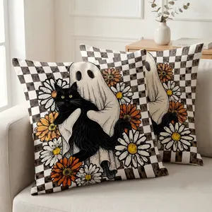 2-Pack Ghost & Black Cat Daisy Pillow Covers | Spooky Checkered Couch Decor | All-Season Home Essential & Fall Harvest Must-Have 🍂 | Ultimate Gift Choice for Friends & Family 👻