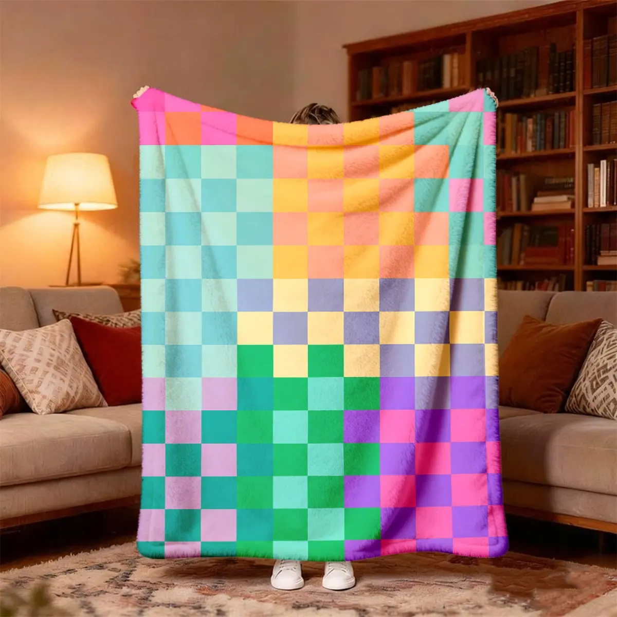 2026 New Arrivals Vibrant Multicolor Plaid Flannel Blanket - Cozy All-Season Comfort, Machine Washable, Stylish Design for Home and Travel, Flannel Blankets