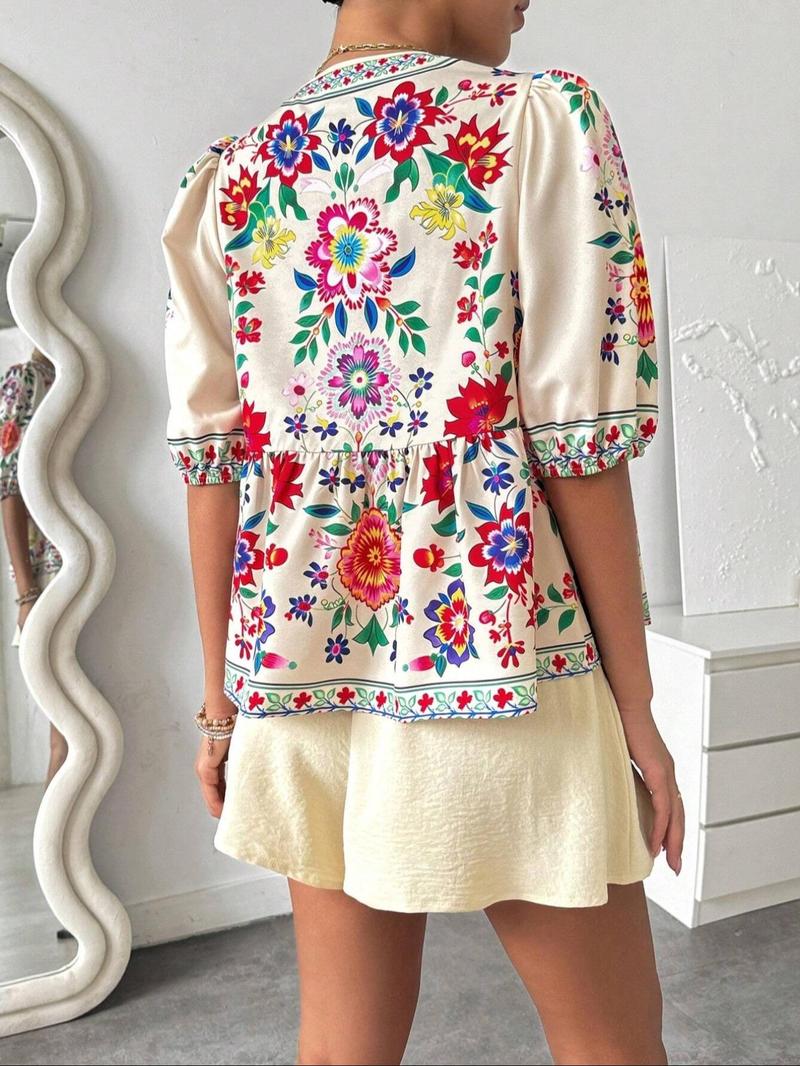 Women's Floral Print Tie Front Blouse, Boho Casual Fashionable Top for Daily Holiday Vacation Wear, Women Clothing for Summer, Lady, Womenswear, Casual Shirts