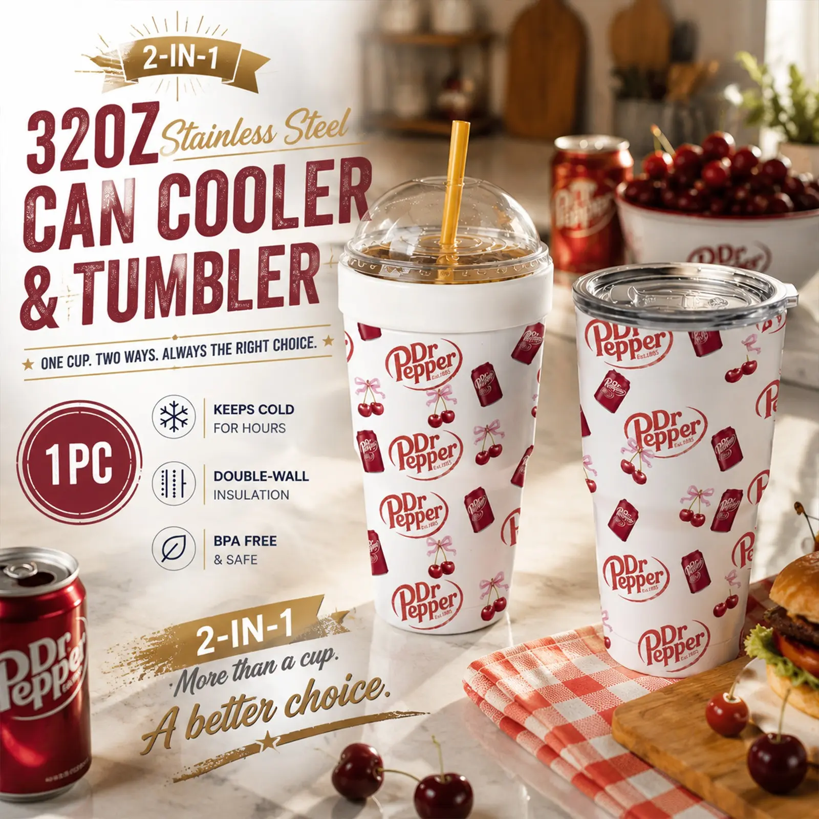 1PC 32oz 2-in-1 Can Cooler & Tumbler, Stainless Steel Insulated Cup with Straw Lid, Double Wall Vacuum Travel Mug, Keeps Drinks Cold for Hours, Fits Most To-Go Cups & Cans, Reusable Coffee Cup for Iced Coffee, Soda, Water, Daily Use & Gift