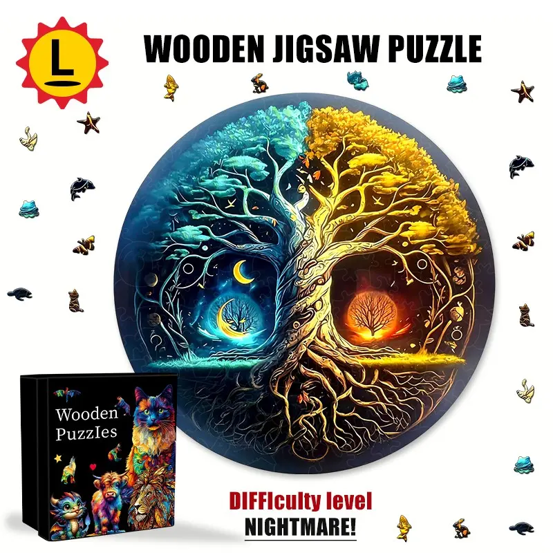 Sun and Moon Life Tree Round Wooden Puzzle, Adult Stress-Relief High-Difficulty Puzzle, Yin-Yang Art Decor, Perfect Gift for Holidays