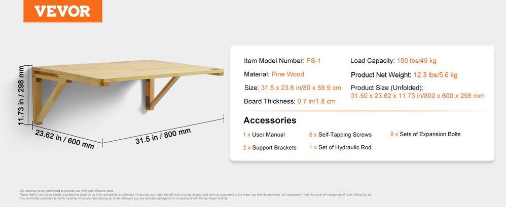 TikTokShopBlackFridayVEVOR Wall Mounted Folding Table, 31.5" x 23.62" Wall Mount Drop Leaf Table, Wooden Floating Desk with Iron Bracket, Fold Down Desk for Small Spaces, Home Office, Dining, Laundry Room, Kitchen, Bar