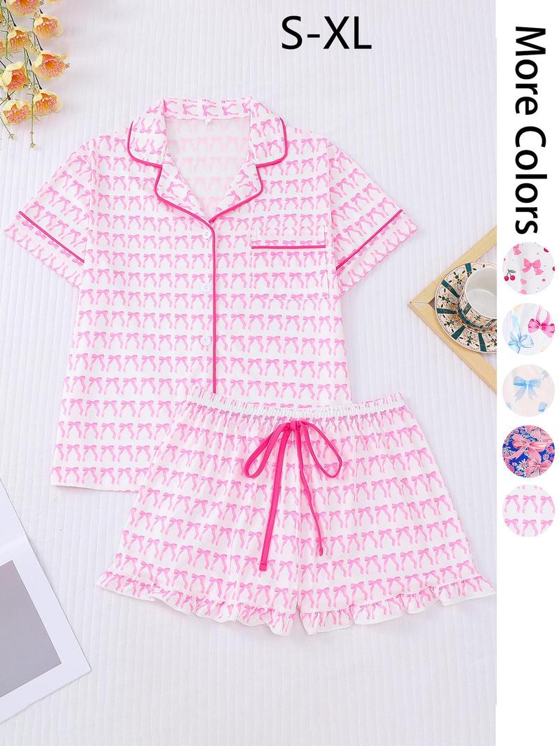 Women's All Over Print Pajama Set, Casual Comfy Short Sleeve Lapel Neckline Pocket Shirt & Shorts PJ Set, Ladies Summer Sleepwear, Sleepwear Pajamas Set