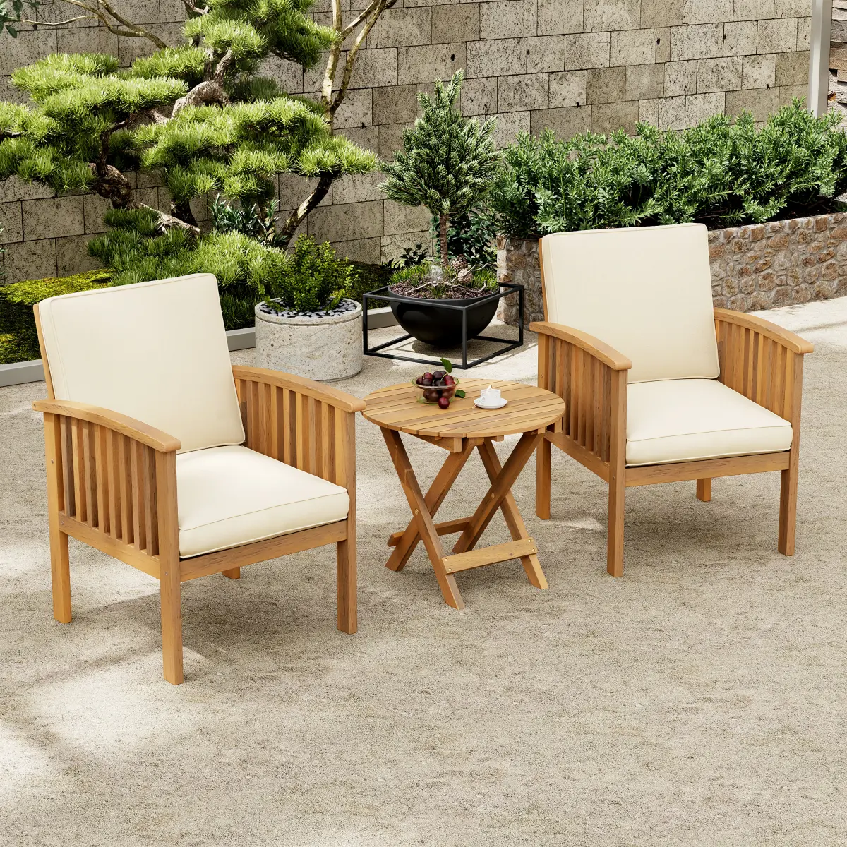AobtkelChristopher Knight Home® Patio Set Outdoor Acacia Wood Furniture Sets-Modern Club Chair Conversation Sets with Foldable End Table for Garden, Patio & Deck (Brown Patina+Cream Cushion)