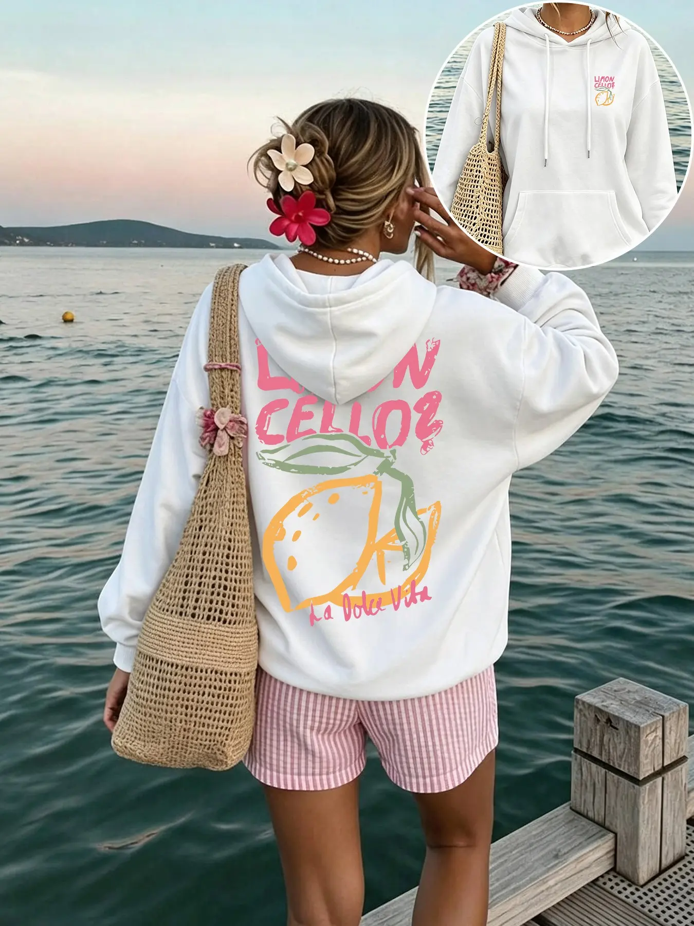 Women's Sweet Cool Fashion Drawstring Pocket Hoodie, Lemon Letter Print, Casual Loose-Fit Long Sleeve Sweatshirt for Fall & Winter