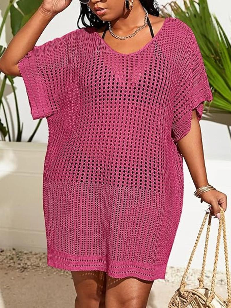 【Plus Size】 Plain Knit Dress, Plus Size Women's Crochet Swimwear Cover Up Dress, Women's Plus Clothing for Beach Holiday Vacation