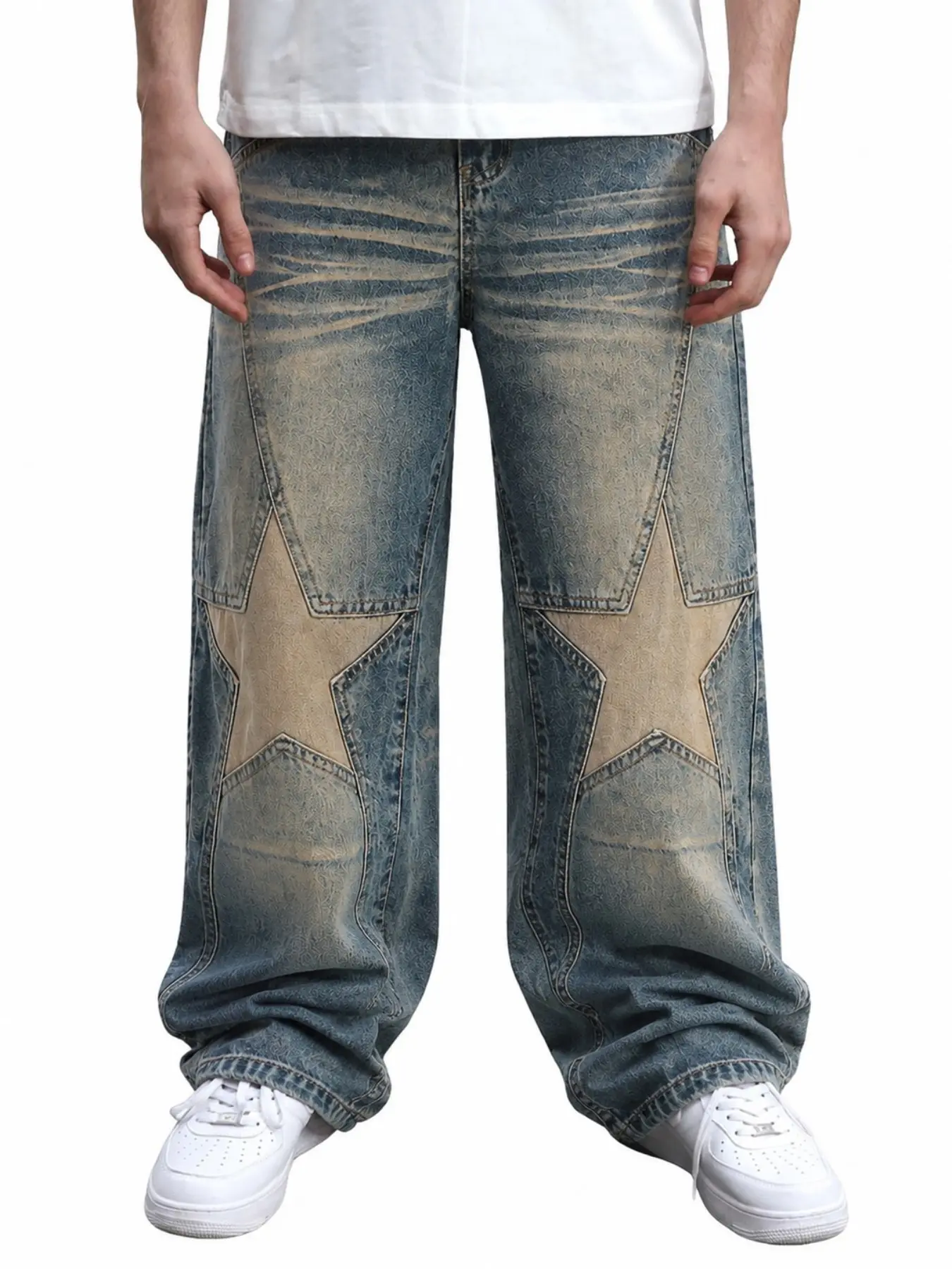 Men’s Vintage Blue Washed Baggy Jeans with Oversized Star Panels and Whisker Fading, Wide Leg Y2K Streetwear Denim Pants