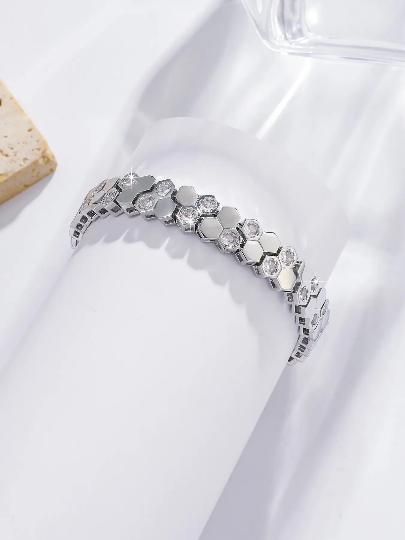 Silver Color Hexagonal Bracelet, Full Rhinestone Lightweight Luxury Bangle, Versatile Fashion Accessory, Trendy Party Jewelry