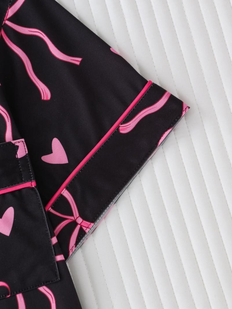 Women's Bow Print Short Sleeve Tee & Shorts Pyjama Set, Elegant Comfy Button Up Top & Elastic Waist Shorts Set, Ladies Sleepwear for All Seasons, Loungewear, Matching Pj Set, Womenswear, Pajama Set, Casual Comfy Pajama, Summer Sleepwear