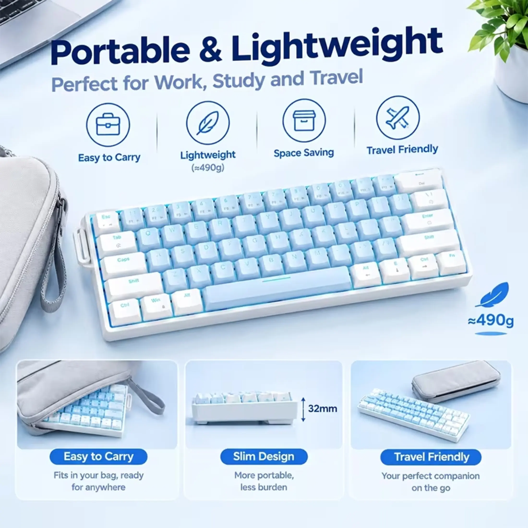 Wired Mechanical Gaming Keyboard 61-Key Compact Layout Adjustable Ice-Blue Backlight Detachable Cable Portable Mini Keyboard PC Accessories Gaming for PC Laptop Gaming Office