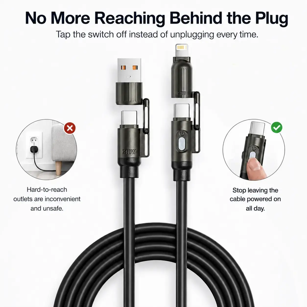 1.5-meter 4-in-1 Tap to Power Off Smart Charging Cable 240W Super Fast Charging Multi Cord USB-C/A/Lightning I Fireproof Bendable Silicone TPE PreventOvercharge Safe Phone Charger Cord for iPhone SamsungAndroid Laptop, Free Leather Storage Pouch