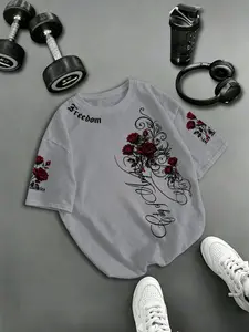 Men's West Coast Rose Script Print Short Sleeve T-Shirt, Drop Shoulder Loose Top, Los Angeles Street Retro Fashion