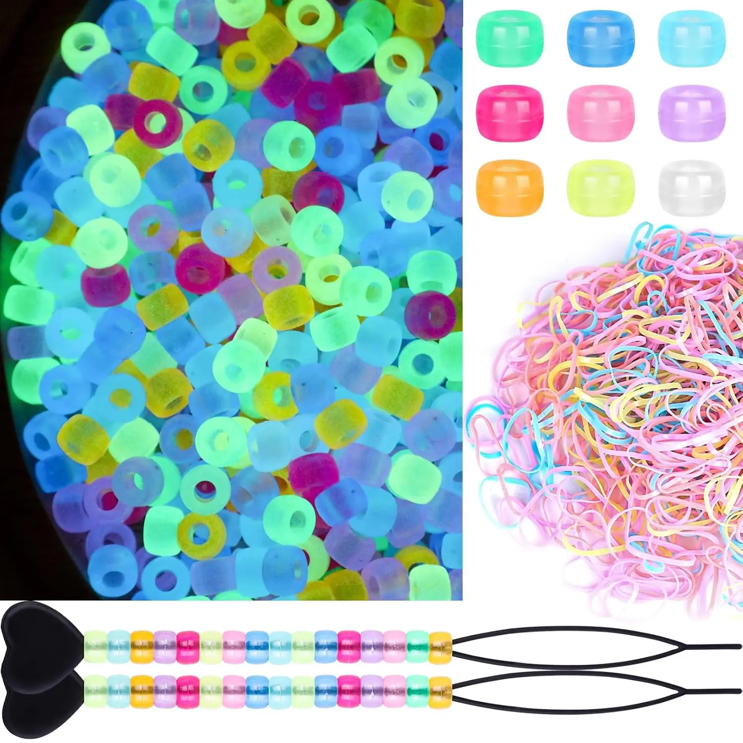 1605 count Beads for Hair Braids Kit Including 600 count 9x6mm Pony Beads, 1000 count Elastic Rubber Bands, and 5 count Quick Beaders for  Hair Braids(Glow in The Dark)