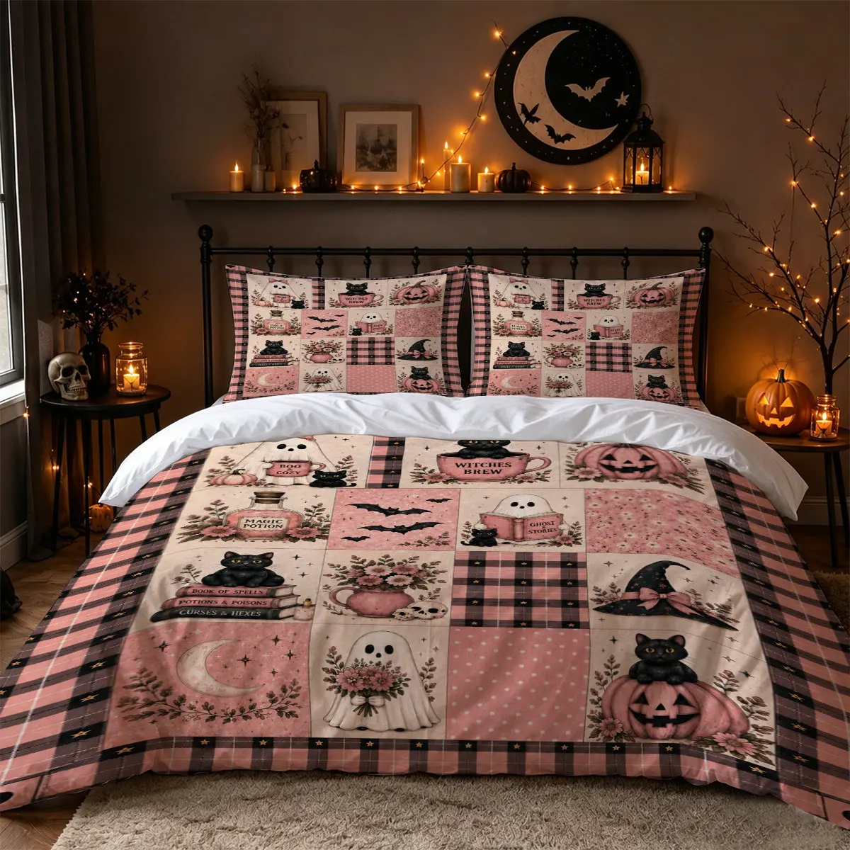 3-Piece Halloween Duvet Cover Set, Pink Ghost Black Cat Witch Pumpkin Patchwork Print, Cute Gothic Farmhouse Bedding, Includes 1 Duvet Cover and 2 Pillowcases, Soft Washable Bed Set for Bedroom, Dorm and Fall Decor, Comforter Not Included