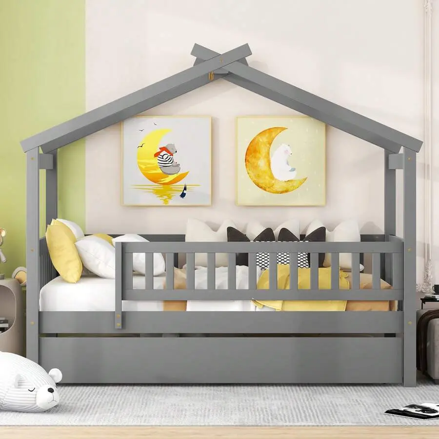 79'' Double Bed, Bunk Bed With Storage Drawers, Pushable Solid Wood Bed With Fence, Partition, Grey