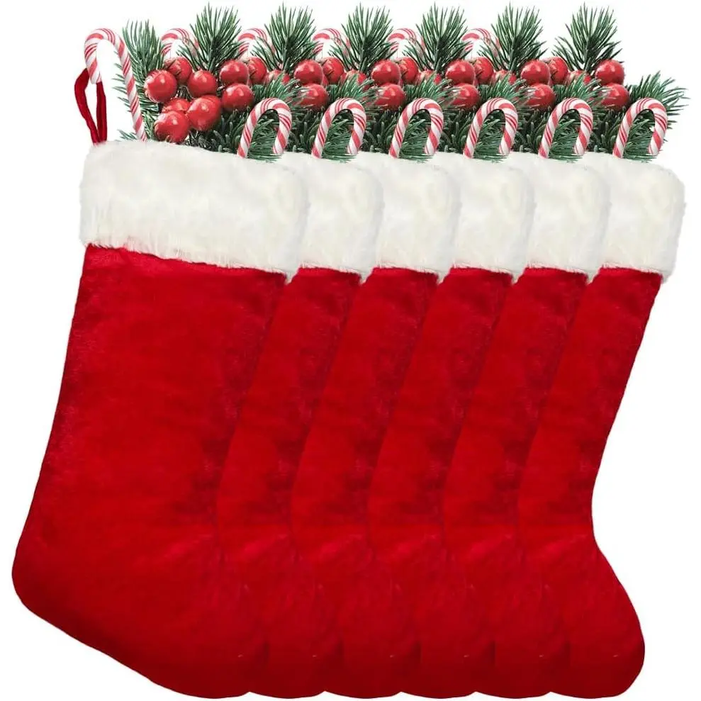 Traditional Soft Classic Red Plush Christmas Stockings (6 Pieces, 20in Large) - Home Holiday Ornaments for Family Xmas Tree, Fireplace Mantel Decorations