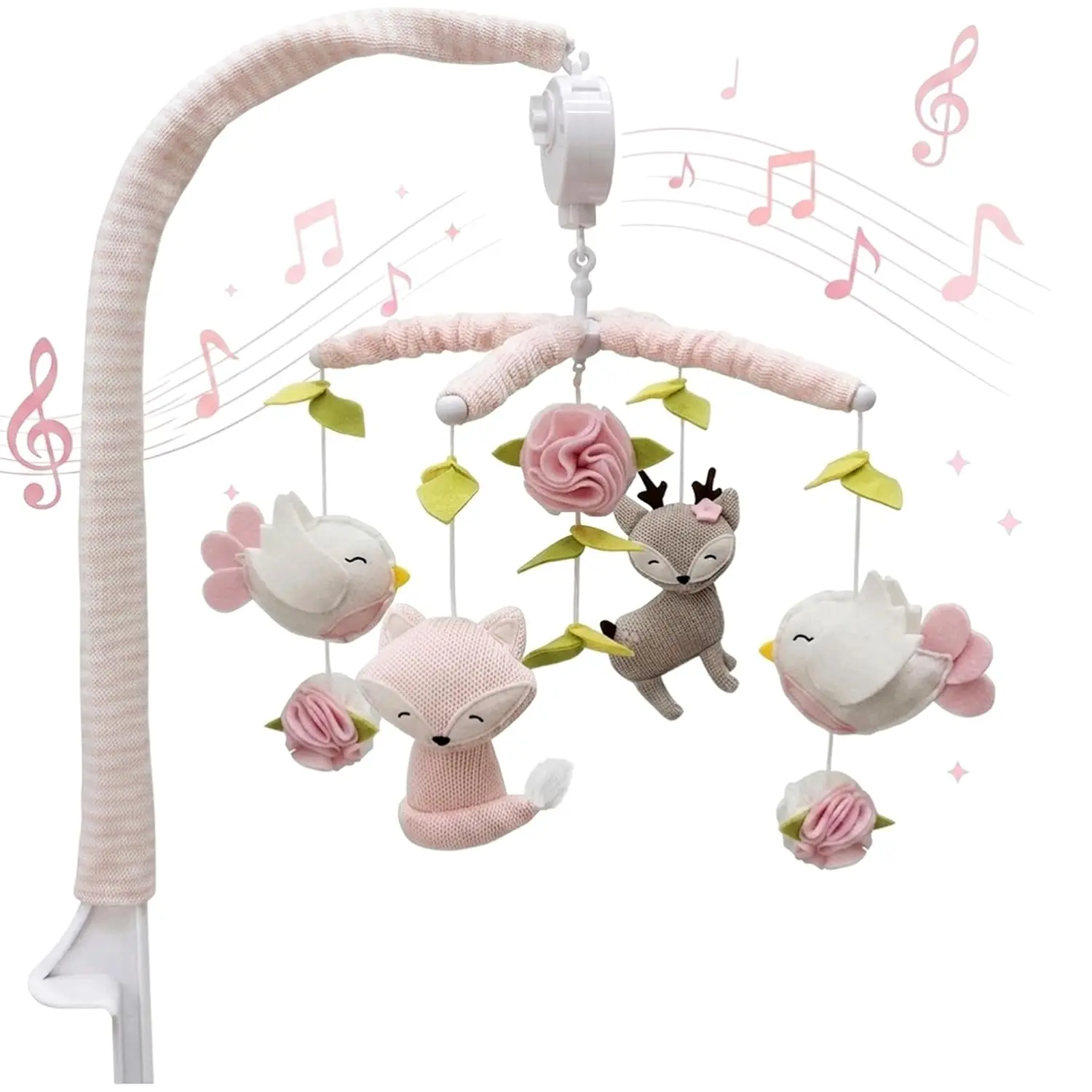 Ava Birds Baby Musical Mobile - Crib Toy with Animal Motifs, Birds Shape, Woodland Theme Knitted Characters, Easy Mount Nursery Decor, Lullaby Sooth 12 Lullabies for Infants