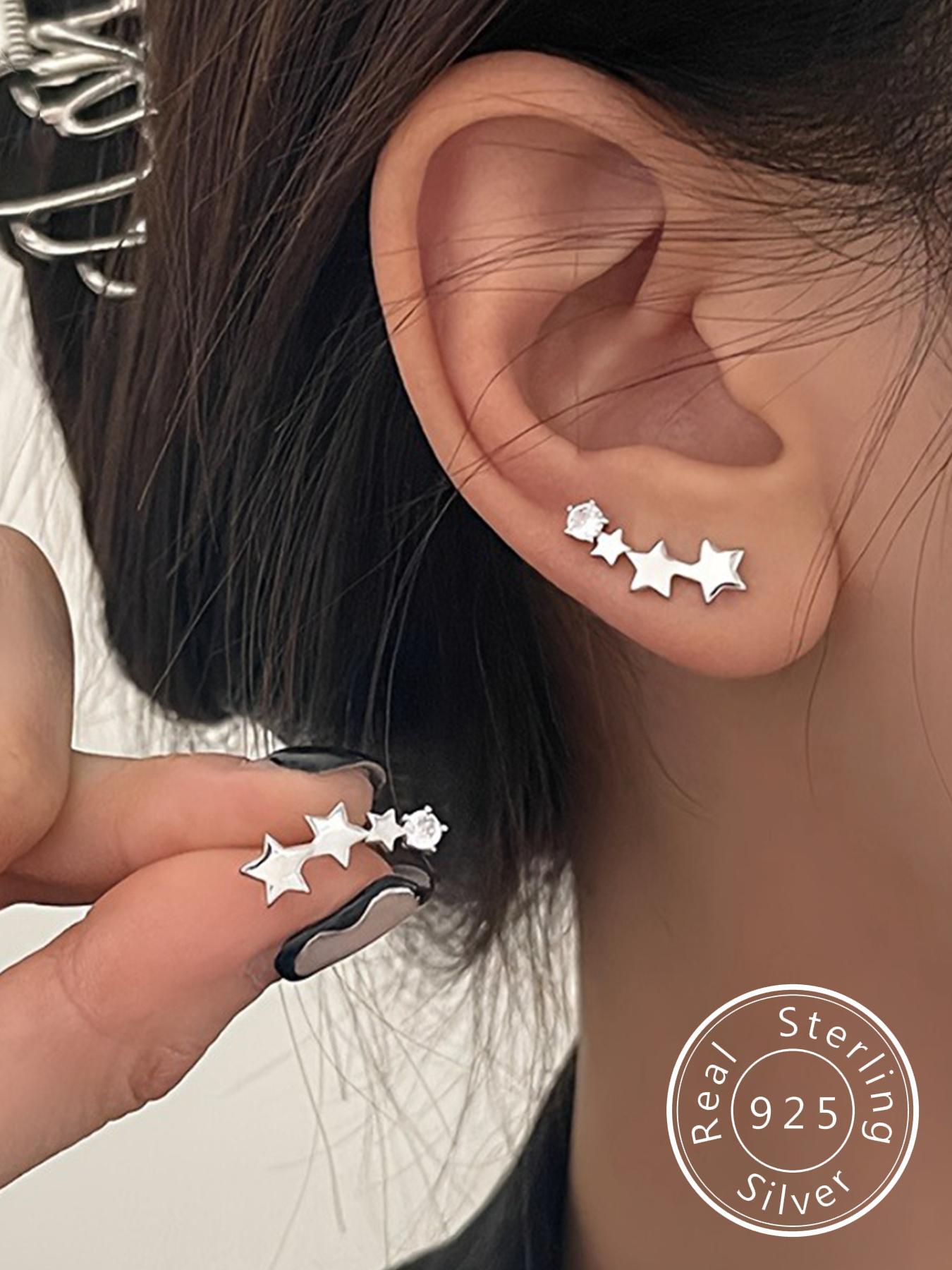S925 Sterling Silver Stars Design Pretty Studs Earrings, High Quality Earrings, Gifts for Girlfriend, Gifts for Her, Fashionable Earrings for Women & Girls, Trendy All-match & Exquisite Jewelry for Birthday Gift, Elegant Minimalist Earrings