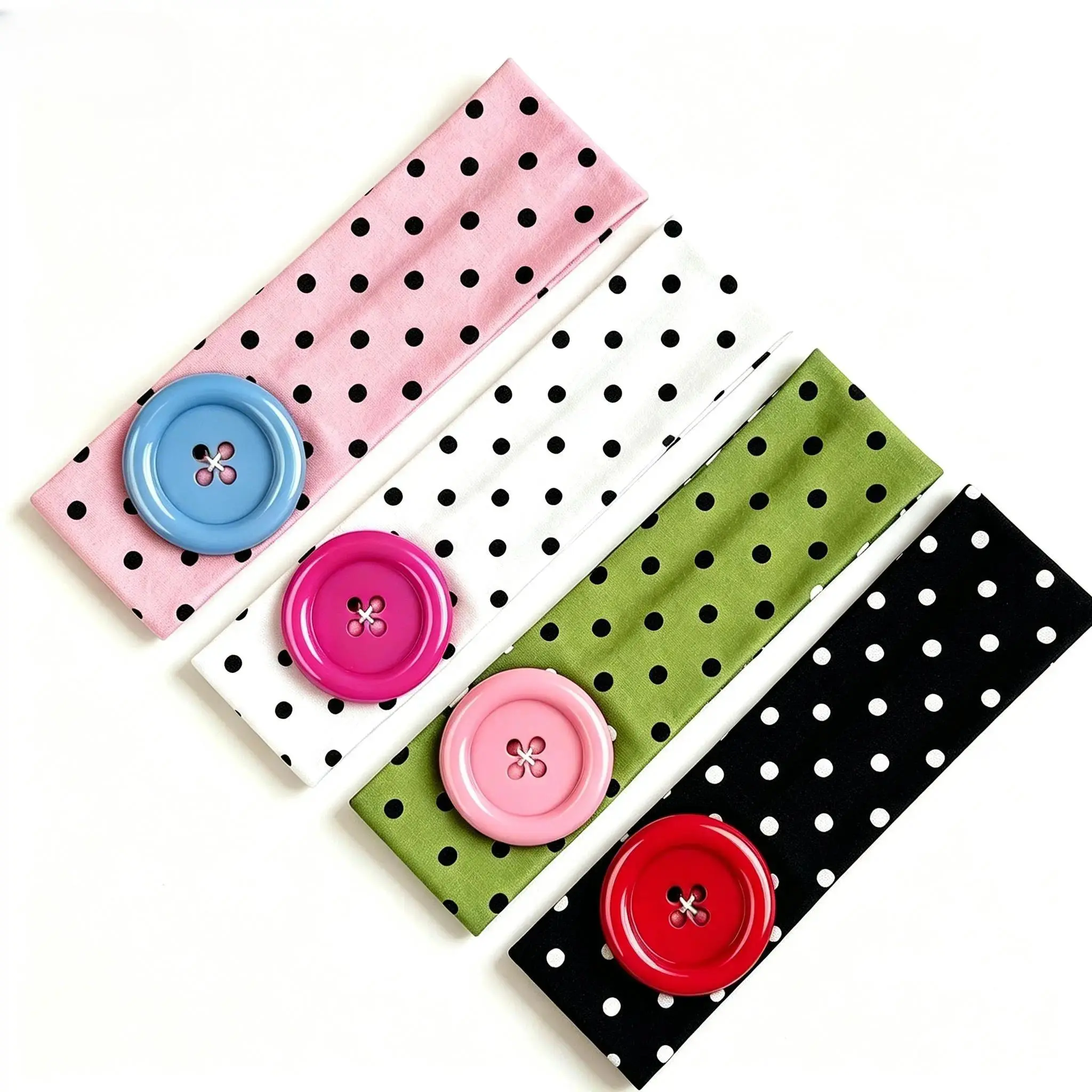 4-Pack Women’s Retro Polka Dot Elastic Headbands, Soft Hand-Sewn Hair Accessories With Large Buttons, Trendy Summer Decor To Elevate Daily Outfits
