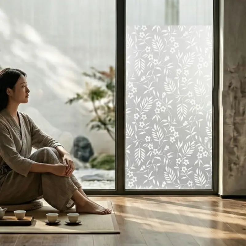 Static-Cling PVC Frosted Window Film – Removable, Adhesive-Free, Sun-Blocking & Heat-Insulating – Floral/Botanical Design for Office Windows