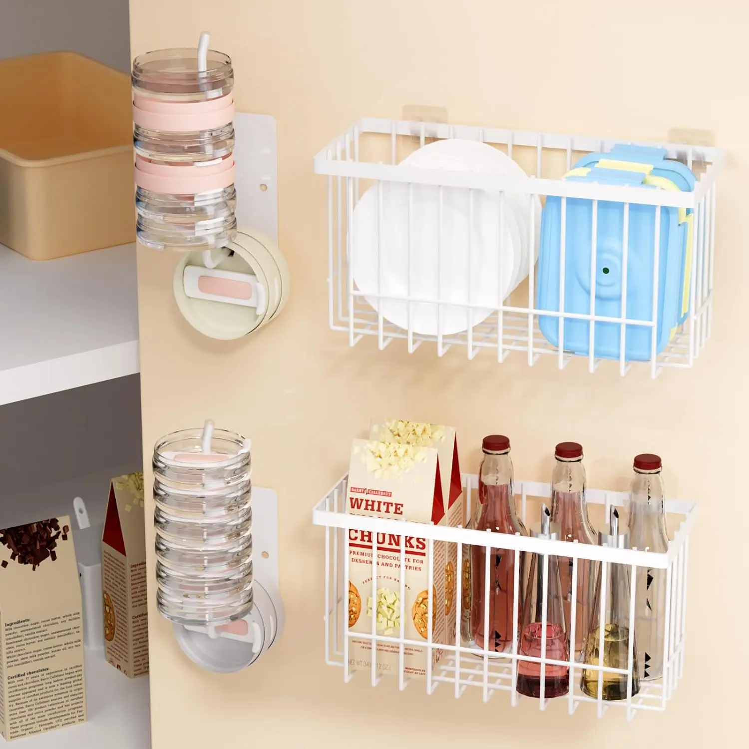 4 Pack Adhesive Cabinet Door Organizer - Tumbler Lid Organizer & Kitchen Storage baskets for Kitchen, Bathroom, Inside Cabinet Door Storage for Cup , Spices, Small Supplies, Space-Saving (White)