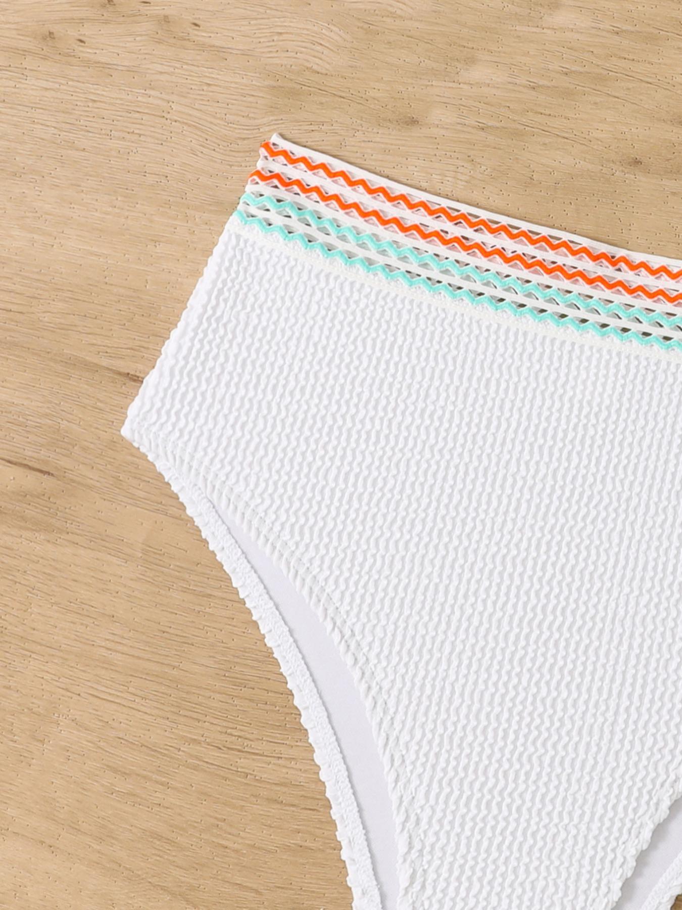 Two-Piece Set Women's Striped Tape Textured Hollow Out Bikinis, Casual Sleeveless V Neck High Waist Swimwear, Lady Bathing Suits Set, Women's Swimsuit, Bikinis Sets, Swimsuit Style Bikini